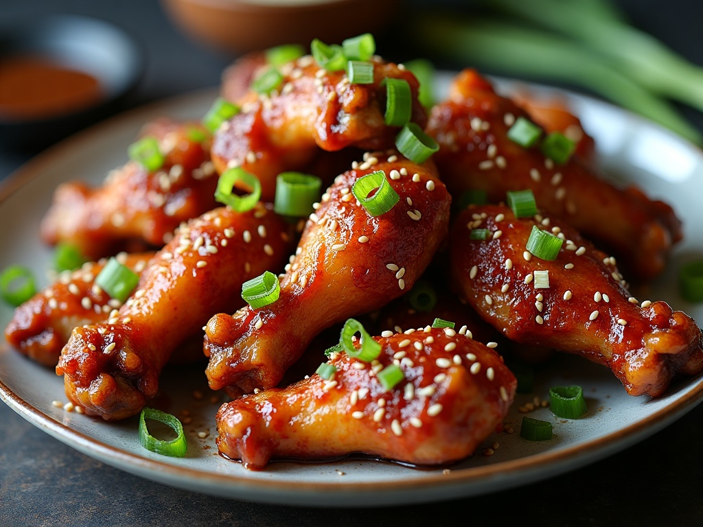 Crispy air fryer chicken wings in a sticky soy-garlic glaze with sesame seeds and scallion