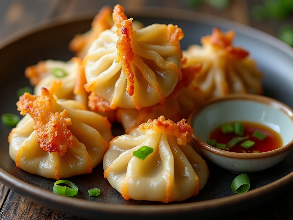 Golden crispy air-fried dumplings in an air fryer basket with a soy-vinegar dipping sauce