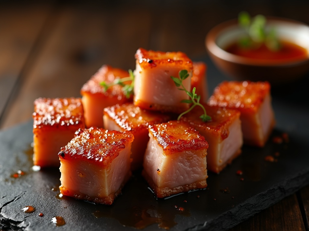 Cubes of Chinese crispy pork belly with golden blistered crackling skin and juicy layered meat
