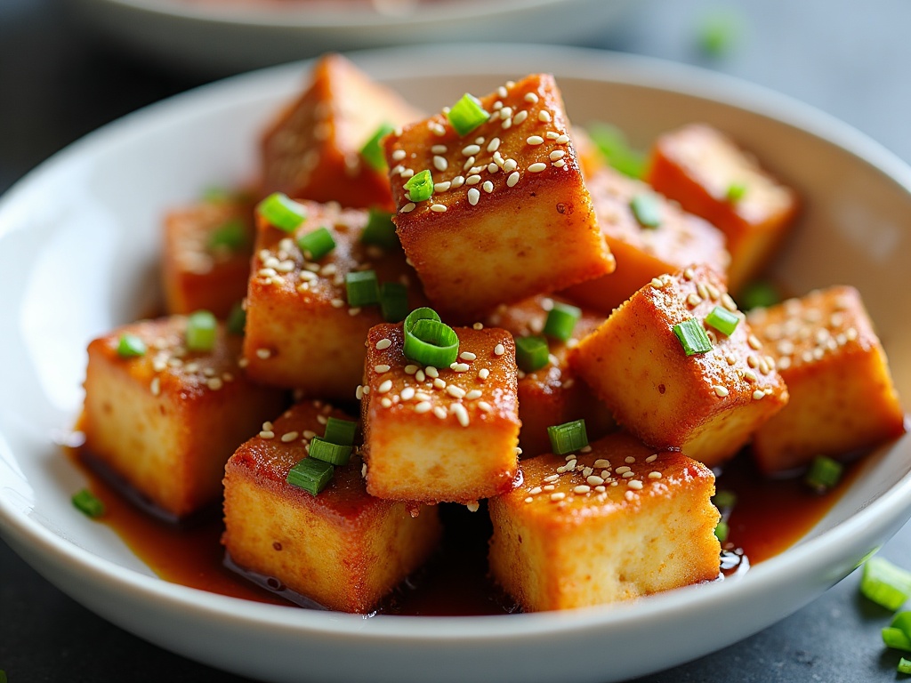 Crispy golden air fryer tofu cubes glazed with soy and sesame seeds in a bowl