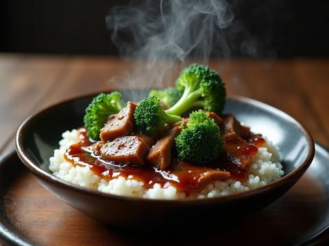 Beef and broccoli in a glossy brown sauce over rice