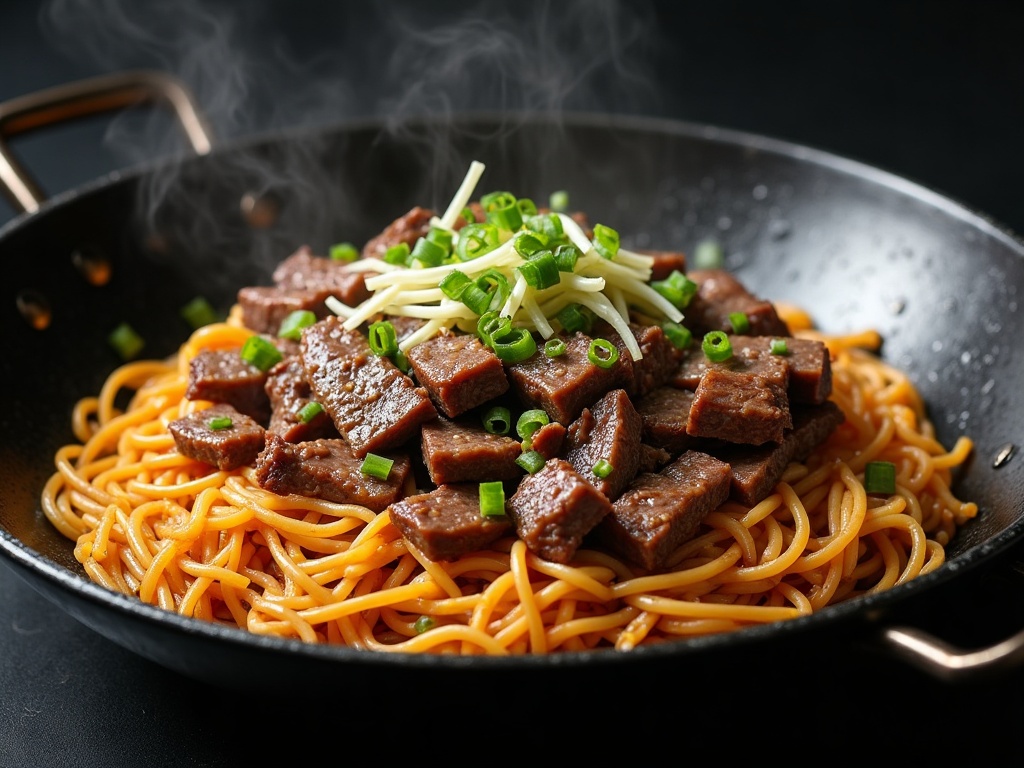 Beef chow fun with wide rice noodles, beef and bean sprouts, charred and glossy in a wok