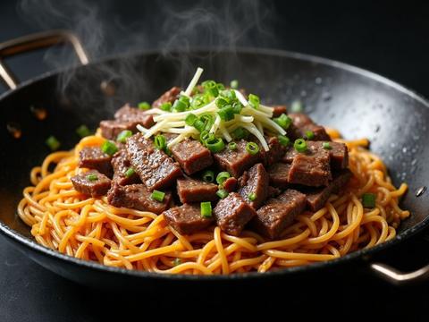 Beef chow fun with wide rice noodles, beef and bean sprouts, charred and glossy in a wok