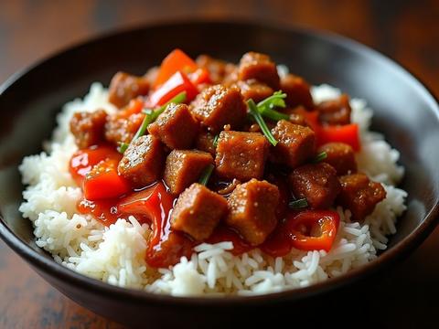 Crispy Beijing beef strips with red bell pepper and onion in a glossy sweet-tangy red sauce