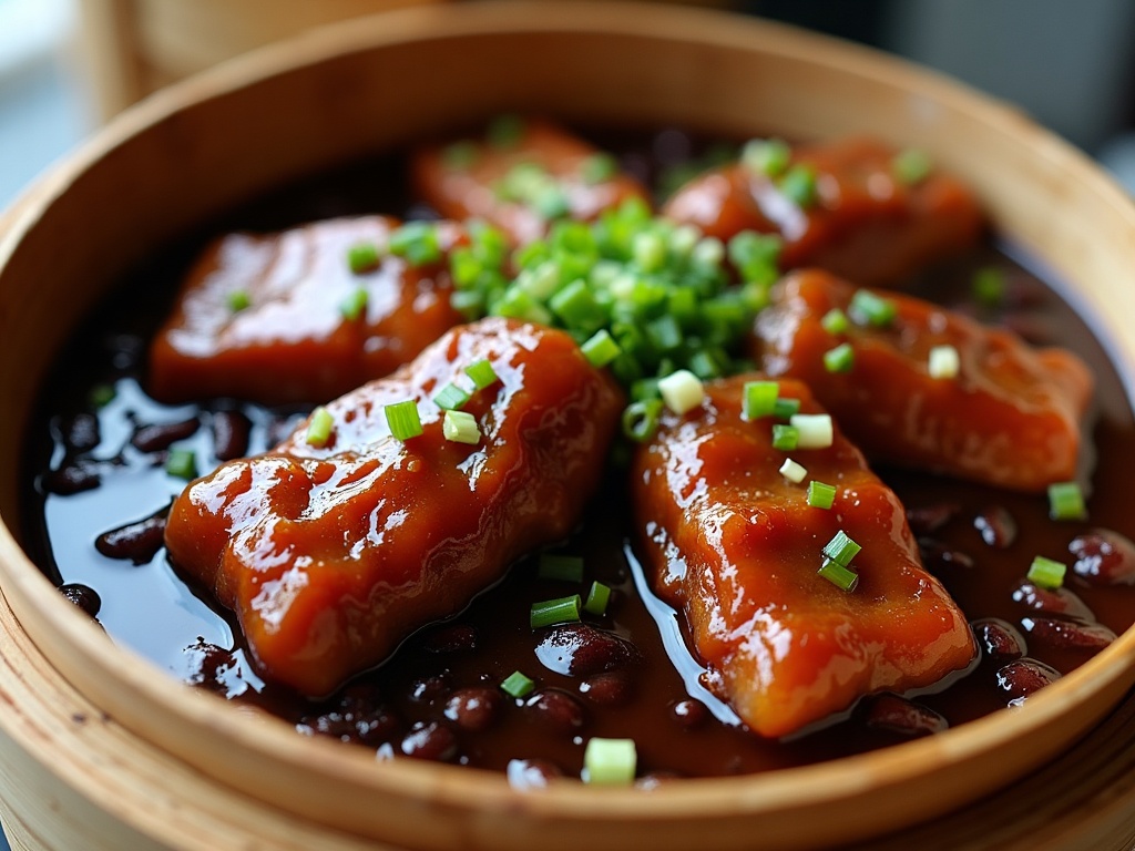 Dim sum steamed pork spare ribs in glossy black bean sauce with scallion in a steamer dish