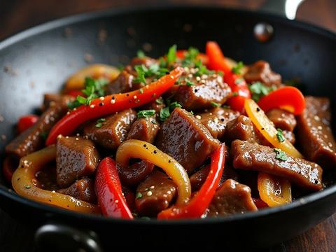Black pepper beef with onions and peppers in a glossy peppery sauce in a wok