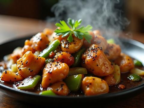 Black pepper chicken with celery, onion and bell pepper in a glossy peppery brown sauce