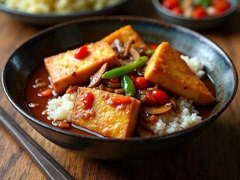 Golden pan-fried tofu triangles in a glossy brown sauce with red and green peppers