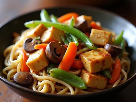 Buddha's delight (lo han jai) — a Chinese vegetarian braise of tofu, mushrooms, snow peas, carrots and glass noodles in a glossy sauce