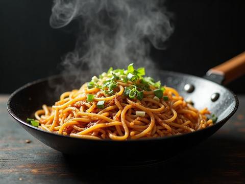 Soy sauce chow mein with browned egg noodles, bean sprouts and scallions in a wok