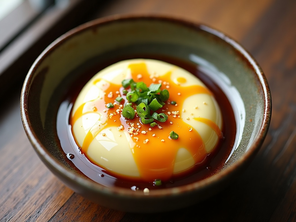 Silky Cantonese steamed egg custard in a shallow bowl, drizzled with soy sauce and scallions