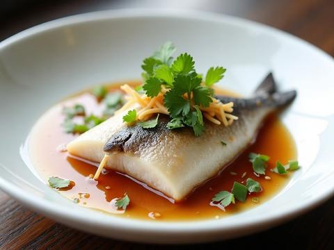 Cantonese steamed white fish topped with julienned ginger, scallion and a soy dressing on a plate