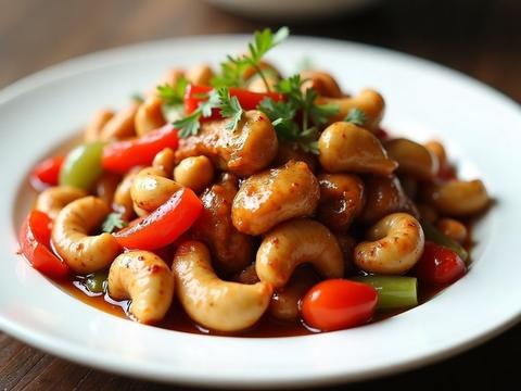 Chinese cashew chicken stir-fry with golden cashews and bell peppers in a glossy sauce