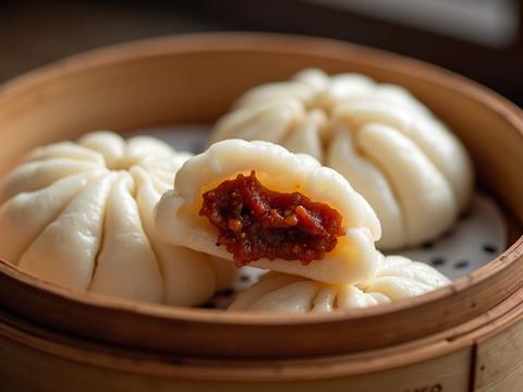 Char siu bao — fluffy white steamed buns in a bamboo steamer, one split open showing glossy red-brown BBQ pork filling