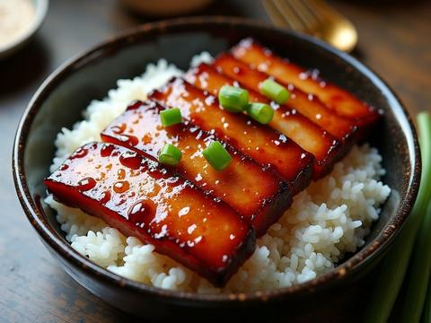 Sliced char siu with a glossy caramelized glaze fanned over steamed white rice