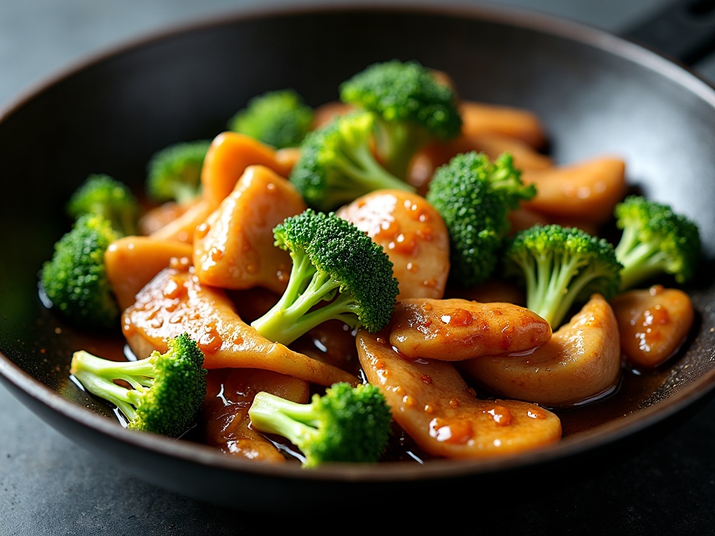Chinese chicken and broccoli stir-fry with glossy brown sauce over rice
