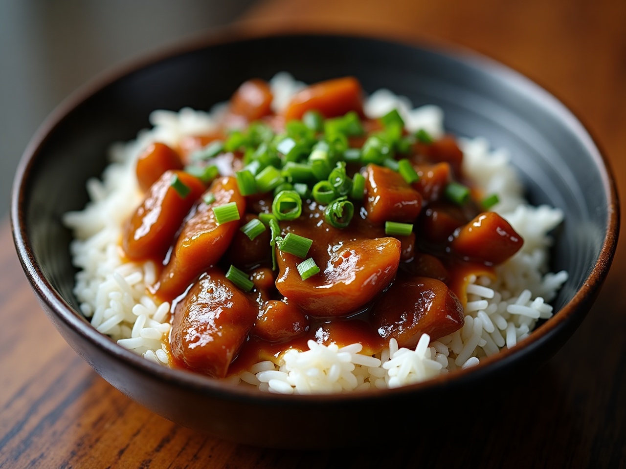 Chinese eggplant in a glossy red-brown garlic sauce with scallions