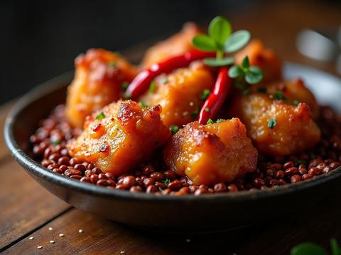 Chongqing chili chicken: crispy chicken bites among a pile of dried red chilies