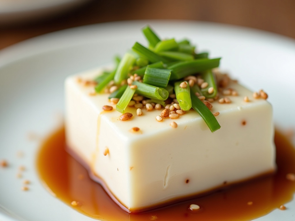 Chilled silken tofu topped with soy dressing, scallions, and chili oil on a white plate