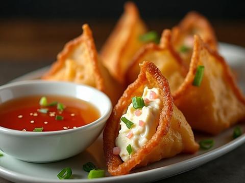 Crispy golden crab rangoon folded into points, one open to show the creamy crab and cream cheese filling, with dipping sauce