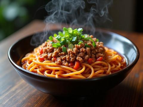 Sichuan dan dan noodles topped with crispy pork, scallions and chili oil