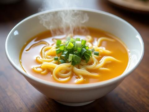 A bowl of Chinese egg drop soup with silky golden egg ribbons and scallions