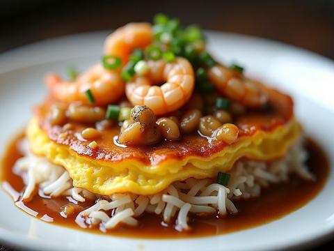 Egg foo young — golden Chinese egg omelette patties with vegetables, smothered in brown gravy over rice