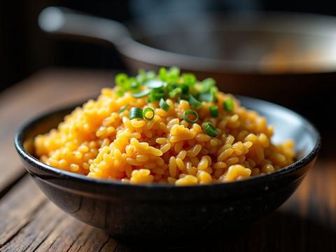 Golden egg fried rice with scallions in a wok