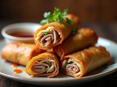 Crispy golden American-Chinese egg rolls with a blistered wrapper, one cut to show the pork and cabbage filling