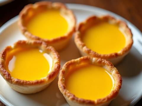 Hong Kong egg tarts — golden shortcrust shells filled with glossy bright-yellow baked egg custard on a plate
