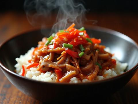 Sichuan fish-fragrant shredded pork with wood ear and peppers in a glossy sauce
