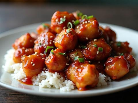 General Tso's chicken — crispy chicken in a glossy dark red sauce with dried chilies and sesame over rice