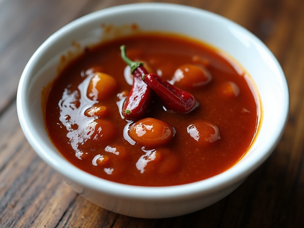A small bowl of glossy dark red General Tso's sauce with dried chilies