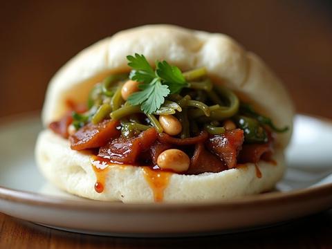 Gua bao — a folded steamed bun filled with red-braised pork belly, pickled mustard greens, crushed peanuts and cilantro