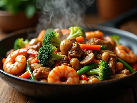 Happy family Chinese combination stir-fry with chicken, beef, shrimp, broccoli, carrots and mushrooms in a glossy brown sauce