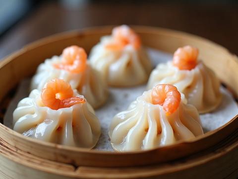 Har gow — translucent pleated Cantonese shrimp dumplings showing the pink shrimp inside, in a bamboo steamer