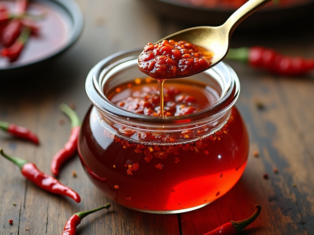 A jar of homemade Chinese chili oil, deep red with chili flakes and sediment, with a spoon