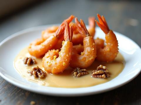 Honey walnut shrimp — crispy shrimp in creamy sauce topped with candied walnuts on a plate