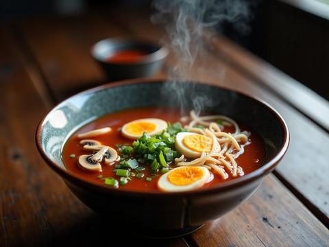 A bowl of hot and sour soup with tofu, mushrooms and egg ribbons