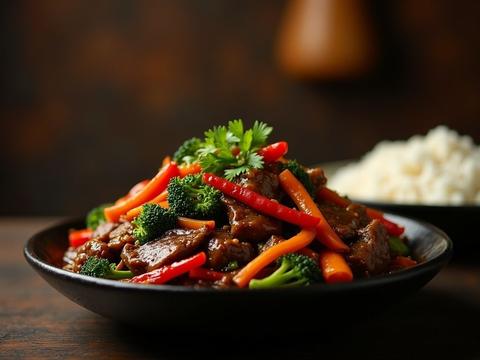 Hunan beef with broccoli, red peppers and dried chilies in a glossy spicy sauce