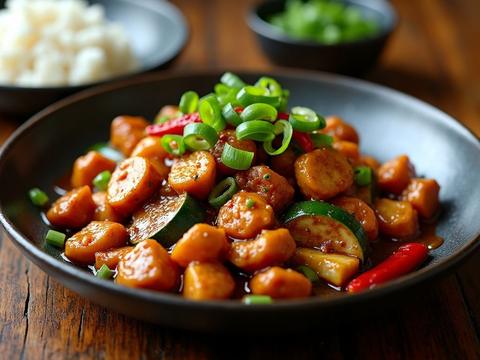 Hunan chicken with bell peppers, zucchini, mushrooms and dried chilies in a glossy sauce