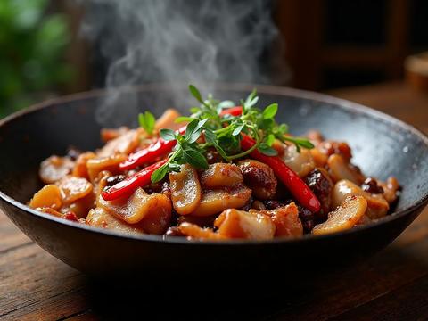 Hunan pork with blistered green chilies and pork belly slices in a wok