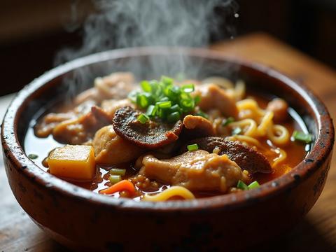 Dongbei chicken and mushroom stew with shiitake and glass noodles in a savory broth