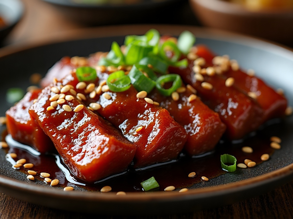 Sticky Chinese red-braised pork ribs glazed in glossy soy sauce, garnished with sesame and scallion