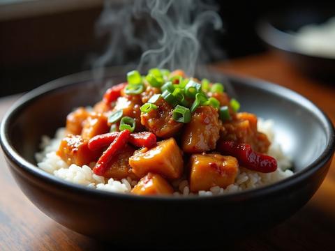Kung pao chicken with peanuts, dried red chilies and scallions