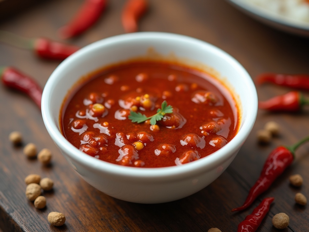 A small bowl of glossy reddish-brown kung pao sauce with dried chilies and Sichuan peppercorns