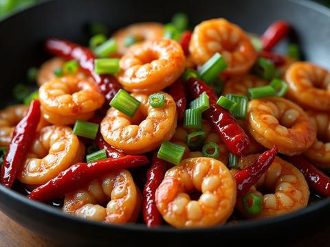 Kung pao shrimp with peanuts, dried chilies and scallions in a glossy sauce