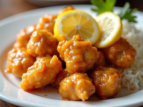 Crispy Chinese lemon chicken pieces glazed in a glossy bright-yellow lemon sauce with lemon slices