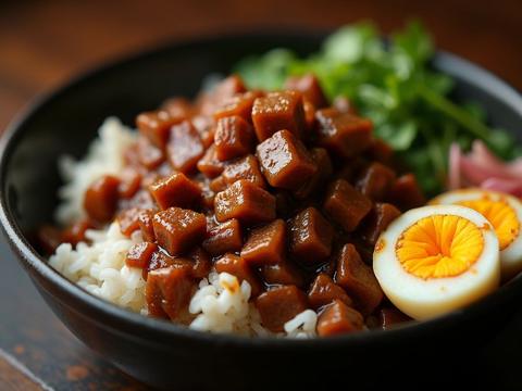 A bowl of Taiwanese lu rou fan — glossy diced braised pork belly over rice with a braised egg and pickled greens