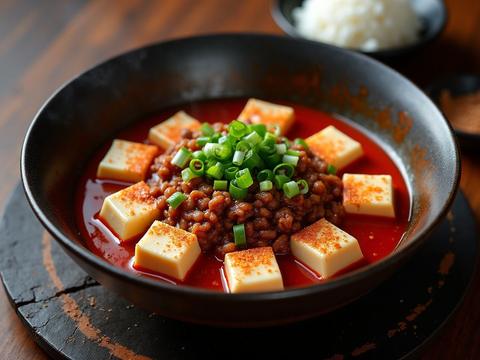 A bowl of mapo tofu with red chili oil, scallions and ground pork over rice